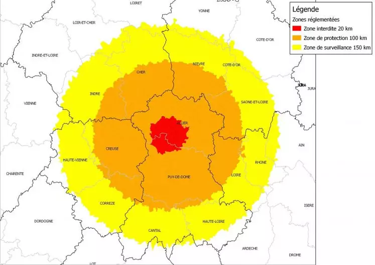 La zone de protection et de surveillance de 150 kilomètres concerne 4,6 millions de bovins, 700 000 ovins et 160 000 caprins.