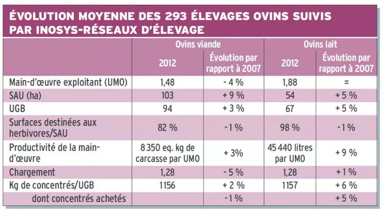 Évolution moyenne des 293 élevages ovins suivis par Inosys-réseaux d'élevage