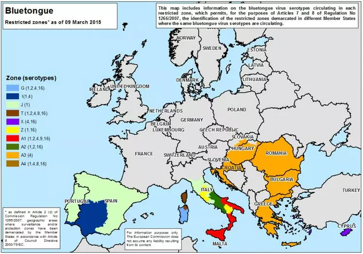 Carte de présence des différents sérotypes de la FCO en Europe
