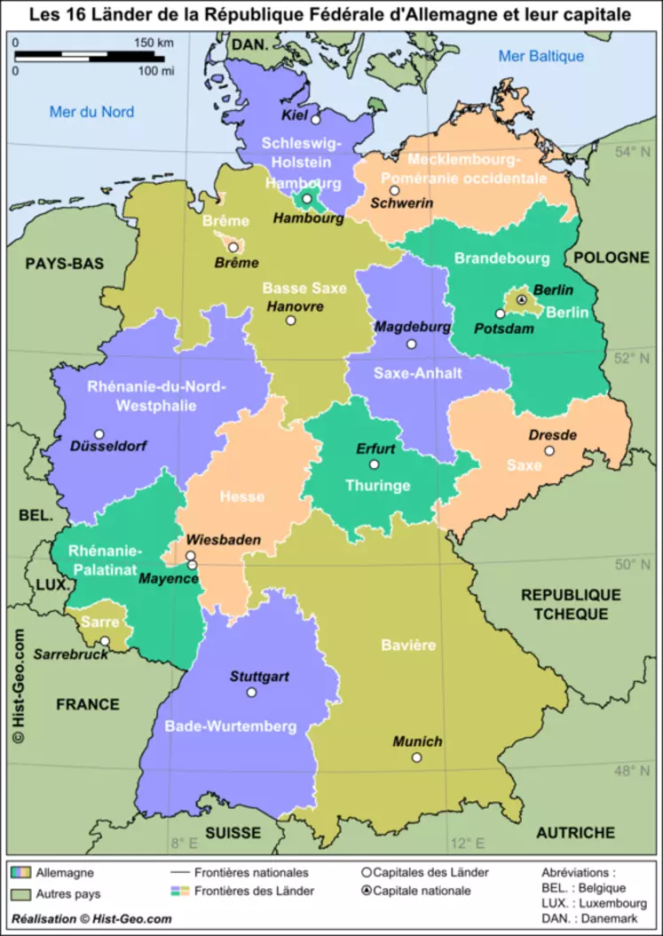 Les seize Länder de la république fédérale d'Allemagne et leur capitale