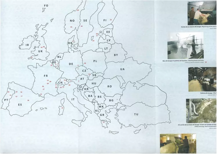 Carte à refaire au propre "Une cinquantaine d’ateliers lavent la laine en Europe"Pour cette carte, on peut se limiter à la France, la Belgique, le Royaume-Uni, l'Allemagne, la Suisse, l'Autriche, l'Italie, l'Espagne et le Portugal.Il faut placer les différents points avec les symboles (à changer ?) et le nom des entreprises (pas besoin des régions) directement sur la carte. © Atelier-Laines d’Europe 2016