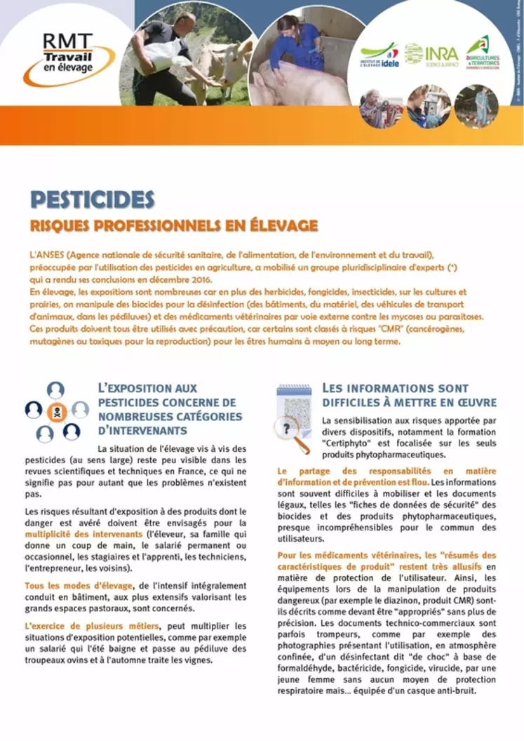 Le document fait le point sur l'utilisation des pesticides en élevage et leurs risques sur la santé humaine. © RMT Travail en élevage