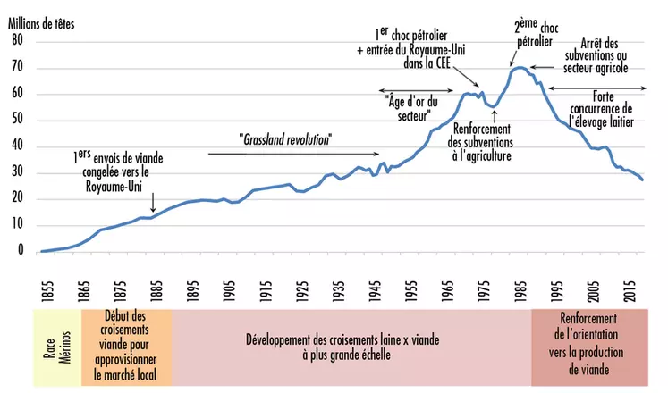 Évolution du cheptel ovin en Nouvelle-Zélande © GEB - Institut de l'Élevage d'après NZ Statistics et Te Ara