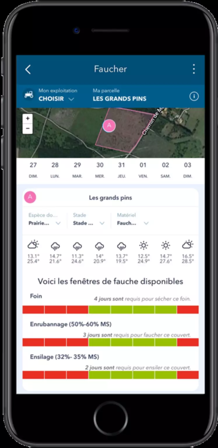 L’application « faucher » utilise les prévisions météorologiques pour indiquer les opportunités de récolte. © dr