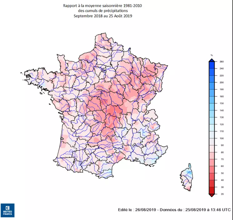 L’ANNÉE 2019 A ÉTÉ PARTICULIÈREMENT SÈCHEPrécipitations cumulées de septembre 2018 à août 2019 par rapport à la moyenne 1981-2010 © Météo France