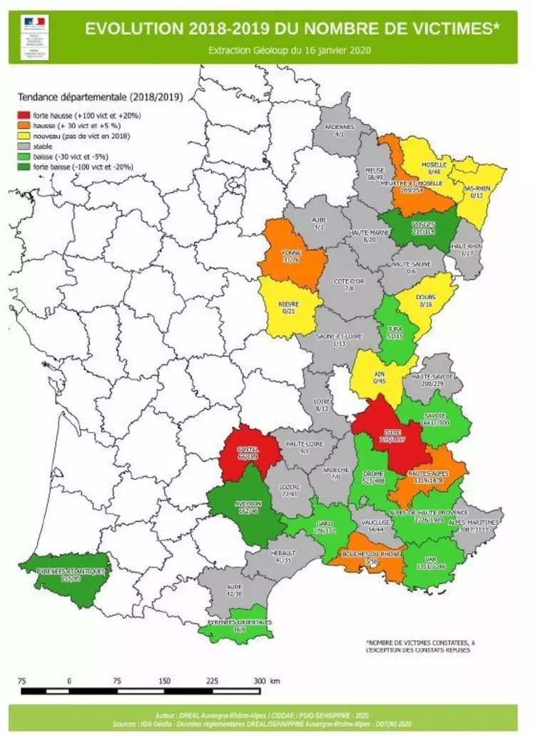 L'évolution du nombre de victimes par département montre bien que la tendance est à l'expansion incontrôlée. © DREAL Auvergne ...