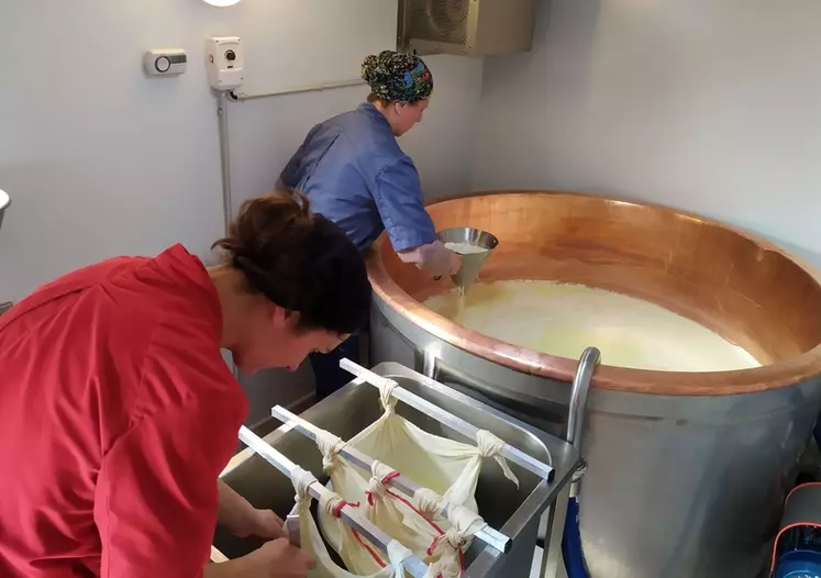 Marie et Aurélie s'activent en fromagerie. Avec 600 litres de petit-lait, elles espèrent produire autour de 40 kg de greuil.
