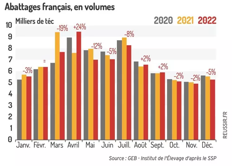 Les volumes sortant des abattoirs français reculent en 2022