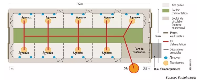 Un bâtiment bipente de 14 m de large pour 370 agneaux à volonté en concentré.