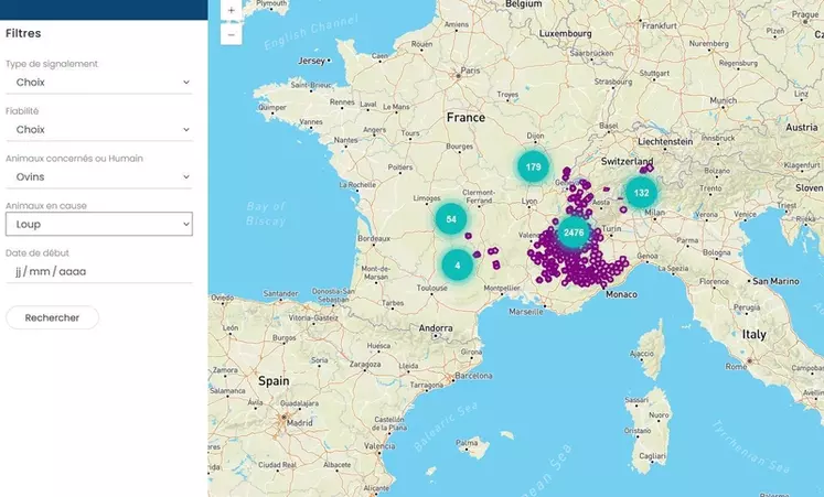 La carte permet de moduler sa recherche selon le pas de temps souhaité, le type de prédateurs et de victimes, la fiabilité de la source, le type de données (attaque, meute, indice de présence).