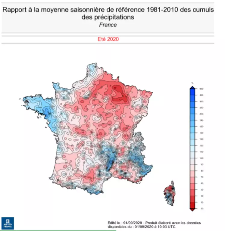 D'importants écarts de précipitations avec les normales saisonnières ont été constatés. Cette carte témoigne de l'hétérogénéité des précipitations sur le territoire. 