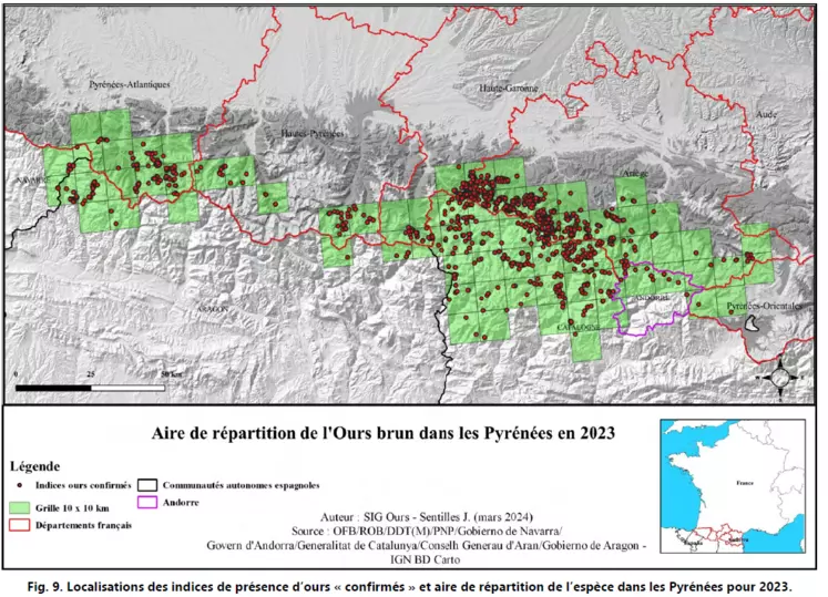 Carte des Pyrénées avec la répartition géographique des ours bruns.