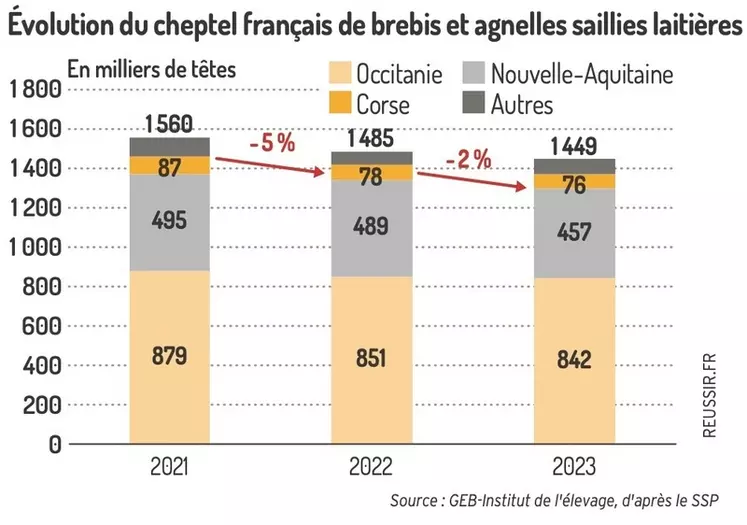 Graphique : Évolution du cheptel français de brebis et agnelles saillies laitières ©GEB-Institut de l'élevage, d'après le SSP