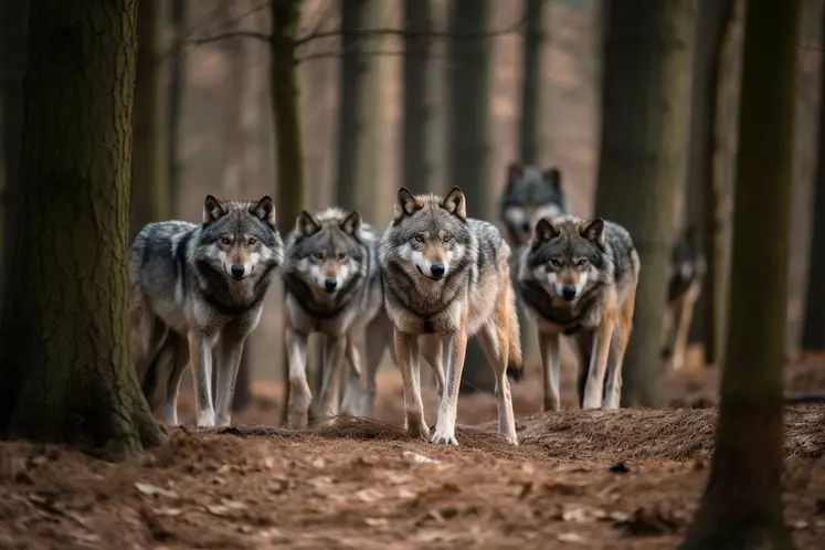 Image générée par IA montrant une meute de loups dans un bois.