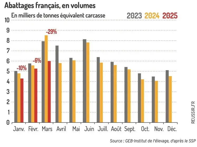 <em class="placeholder">Graphique : La production abattue diminue au 1er trimestre 2025©GEB-Institut de l’élevage, d’après le SSP</em>