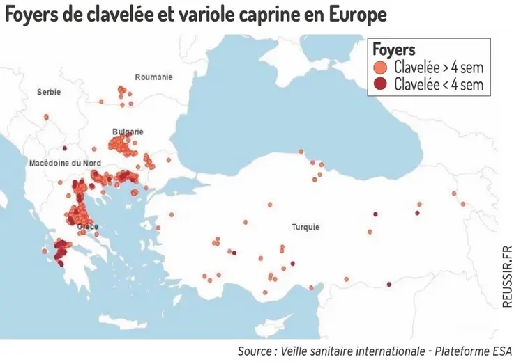 <em class="placeholder">Localisation des foyers de clavelée en Grèce, Bulgarie, Macédoine du Nord, Roumanie, Serbie et Turquie depuis juillet 2025.</em>