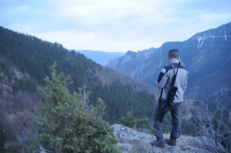 Un chasseur observe une vallée un fusil sur l'épaule.