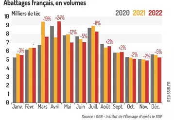 Les volumes sortant des abattoirs français reculent en 2022