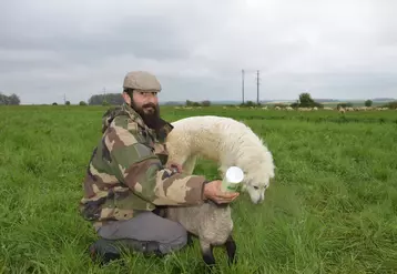 <p>Avec son chien patou Timber, Bastien Devriendt biberonne la seule agnelle qui n’a pas été adoptée par sa mère.</p>