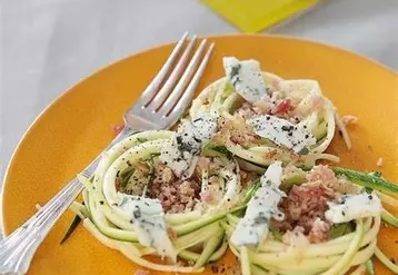 Salade de spaghettis de courgette, pancetta et roquefort.