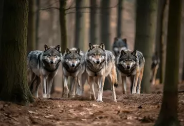 Image générée par IA montrant une meute de loups dans un bois.