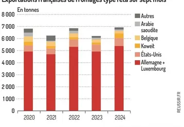 <em class="placeholder">Graphique : Exportations françaises de fromages type feta sur sept mois ©GEB-Institut de l&#039;élevage, d&#039;après TDM</em>