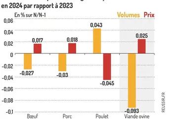 Achats de viande par les ménages français sur 10 mois en 2024 par rapport à 2023