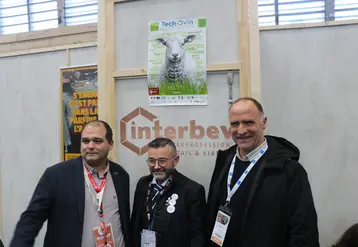 Guillaume Metz, président d'Aposno (association organisatrice de Tech-Ovin), Patrick Soury, président d'Interbev Ovins et Beñat Saint Esteben, président de France Brebis Laitière