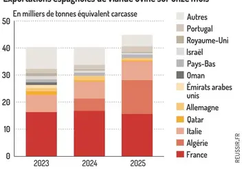 Exportations espagnoles de viande ovine sur 11 mois 