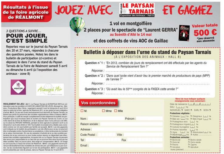 Bulletin de participation à la tombola Foire de Réalmont pour les abonnés au Paysan Tarnais