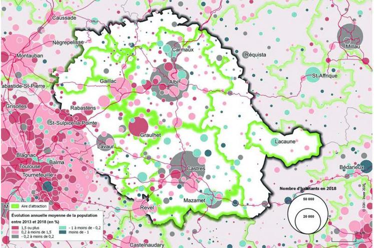 Population municipale au 1er janvier 2018 et évolution annuelle moyenne entre 2013 et 2018 dans le Tarn