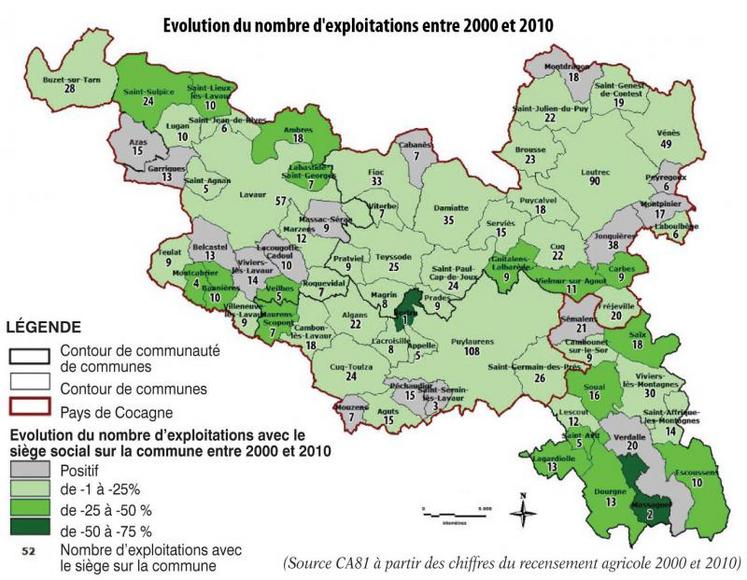Le territoire du PETR Pays de Cocagne a perdu plus de 270 exploitations entre 2000 et 2010 (-18%).