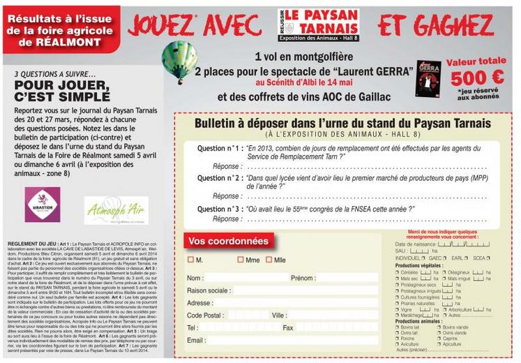 Bulletin de participation à la tombola Foire de Réalmont pour les abonnés au Paysan Tarnais