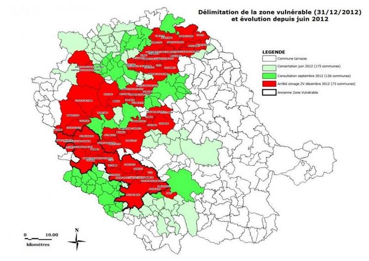 Délimitation de la zone vulnérable (31/12/12) et évolution depuis 2012