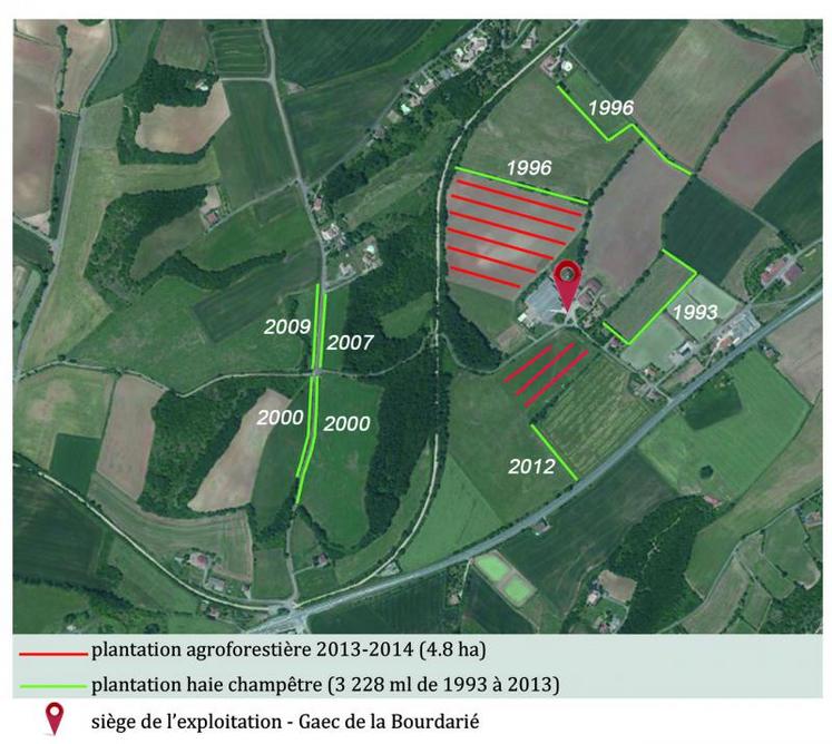 Vue aérienne des travaux d'agroforesterie au Gaec de Bourdarié.