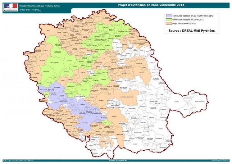 La nouvelle extension de la zone vulnérable porterait à 222 le nombre de communes tarnaises concernées par la Directive Nitrates.