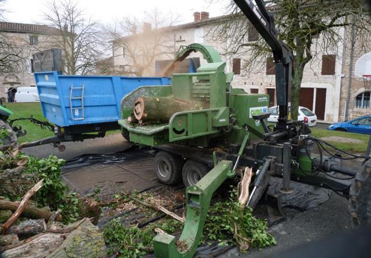 La déchiqueteuse de l'Union des Cuma Bois-énergie en action, vendredi 15 janvier, à Villeneuve-sur-Vère.