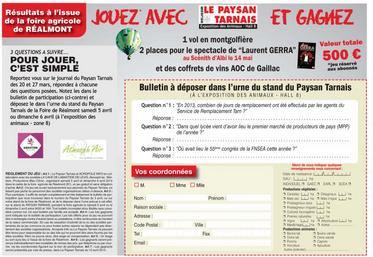 Bulletin de participation à la tombola Foire de Réalmont pour les abonnés au Paysan Tarnais
