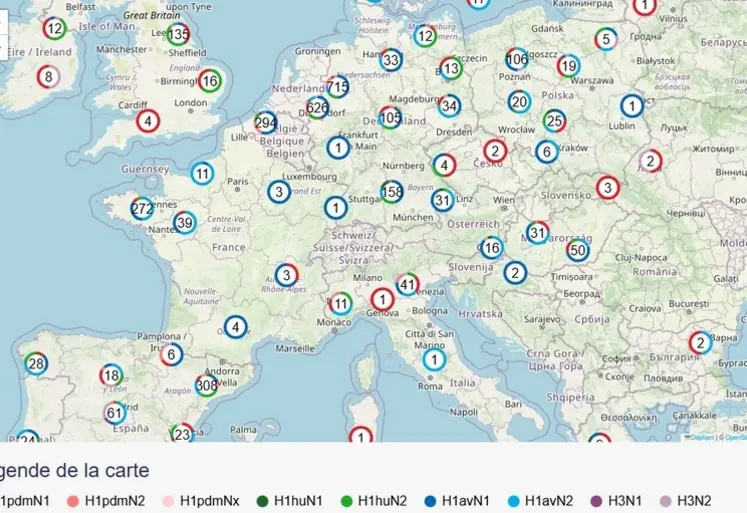 <em class="placeholder">La carte interactive publiée par Ceva indique pour chaque pays la proportion des variants de la Grippe A détectés par des analyses en laboratoire.</em>