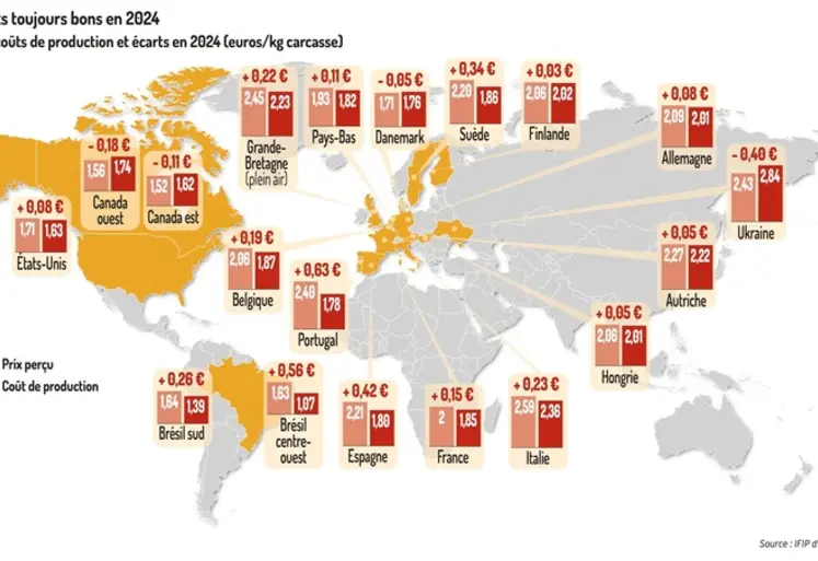 <em class="placeholder">Graphique = Des résultats toujours bons en 2024Prix perçus, coûts de production et écarts en 2024 (euros/kg carcasse)</em>