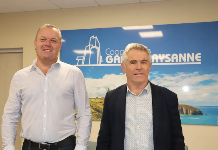 <em class="placeholder">Jean-Luc Cade, président de la coopérative Garun-Paysanne et son directeur, Sébastien Blot (gauche). </em>