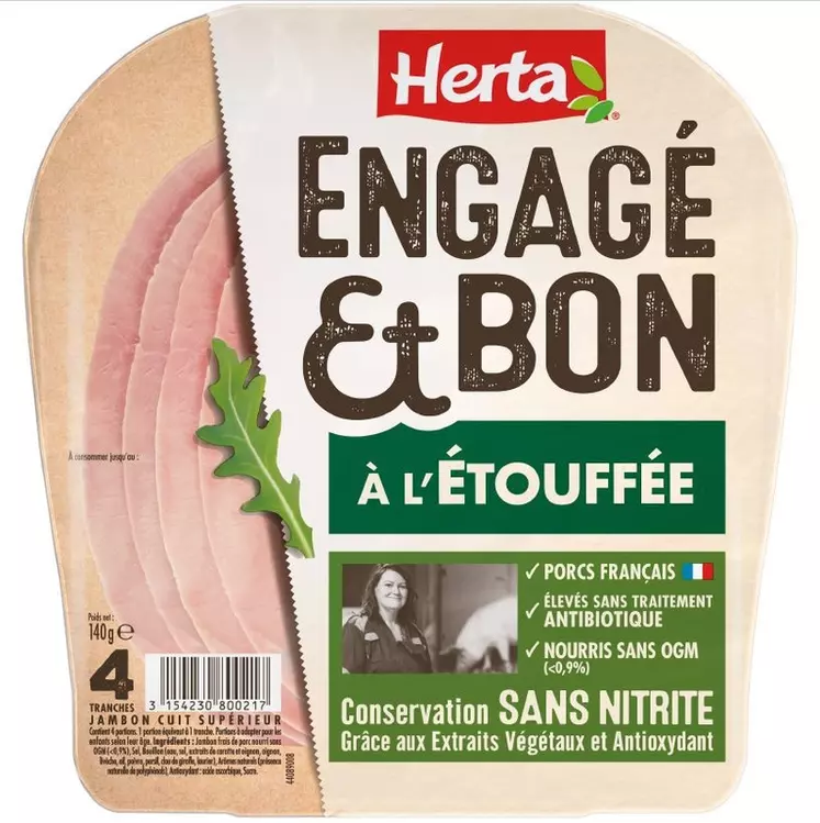 Pour Herta, leader français du jambon avec 25% de part de marché, la gamme Engagé et Bon qui regroupe les principales promesses sur le jambon répond aussi à une volonté de simplification de l’offre de jambon.   © Herta