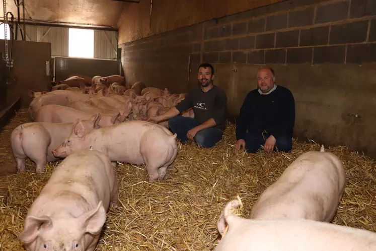 Emmanuel Dilly (à gauche) et Jérémy Demol partagent leur production de porcs sur paille entre la vente via La Collégiale et la valorisation en magasin de vente directe.