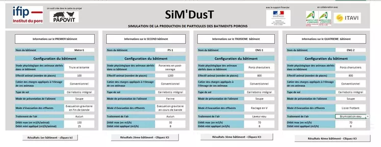 Le premier écran de Sim'Dust permet de renseigner les caractéristiques des bâtiments.