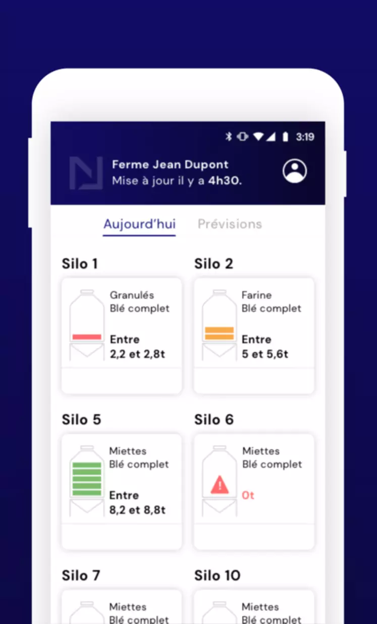 L'écran principal permet le suivi du remplssage des silos en temps réel © Nanolike
