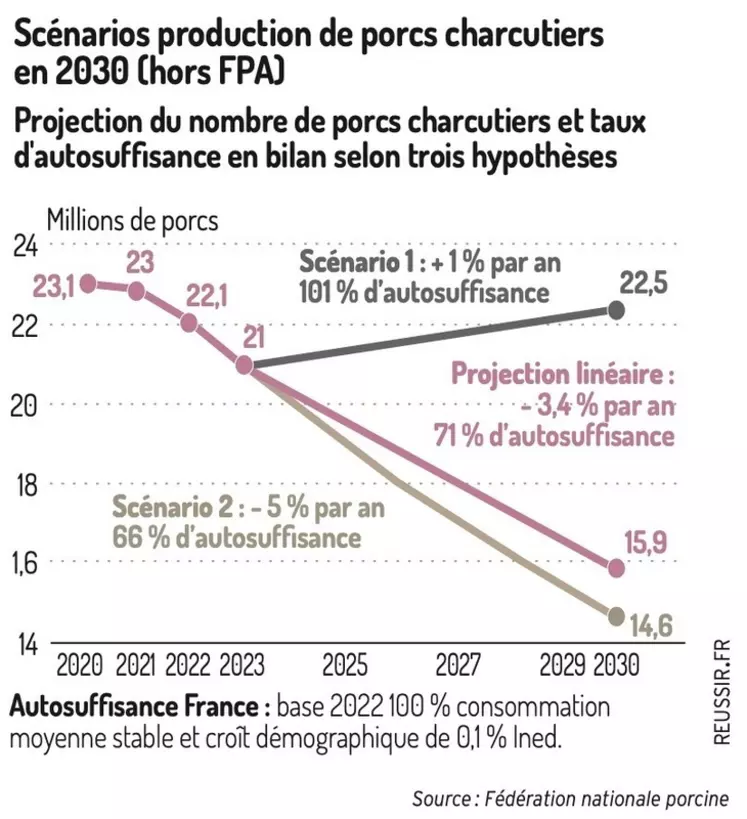 Trois scénarios de taux d'autosuffisance en porc pour 2030 