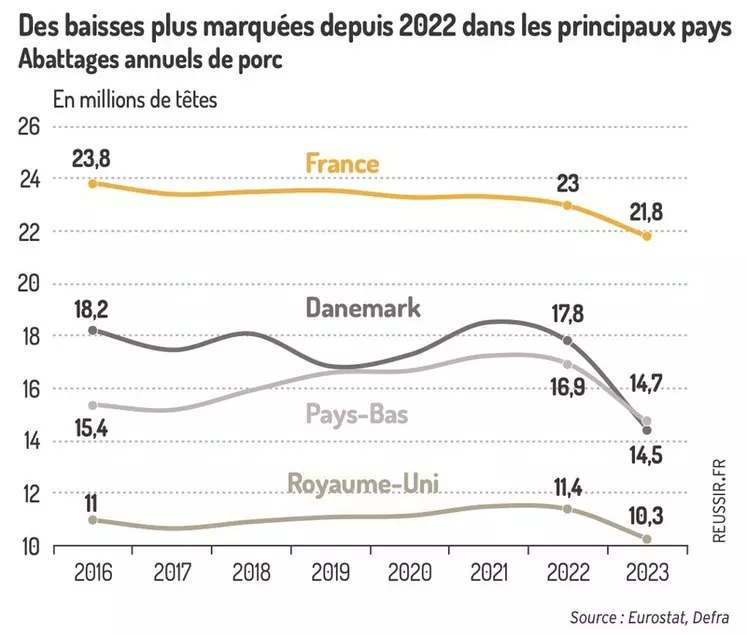 Des baisses plus marquées depuis 2022 dans les principaux paysAbattages annuels de porc