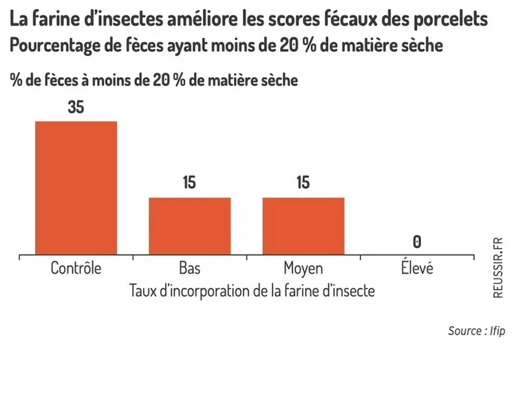 Pourcentage de fèces ayant moins de 20 % de matière sèche Accroche : La farine d'insectes améliore les scores fécaux des porcelets