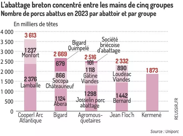 L'abattage breton concentré entre les mains de cinq groupesNombre de porcs abattus en 2023 par abattoir et par groupe
