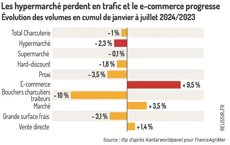 <em class="placeholder">Les hypermarché perdent en trafic et le e-commerce progresseÉvolution des volumes en cumul de janvier à juillet 2024/2023</em>